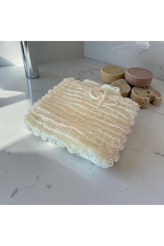 El Yapımı Krem Orlon Püsküllü Eldiven Banyo Lifi