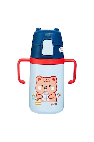 Rovco 400ml Silikon Pipetli Sevimli Ayıcıklı Boyun Askılı Bebek Kulplu Paslanmaz Çelik Termos Lacivert Genel