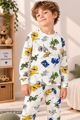 Free Beka Desenli Bisiklet Yaka %100 Pamuklu İnterlok Kumaş Erkek Çocuk Uzun Kollu Pijama Takımı Krem