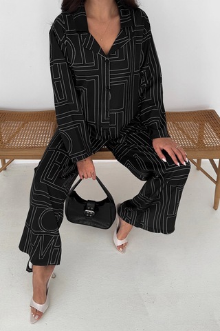 Geometrik Desen Modal Saten Takım Siyah Siyah