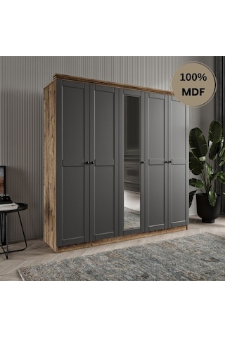 Dali 5 Kapılı Mdf Country Gardırop Antrasit