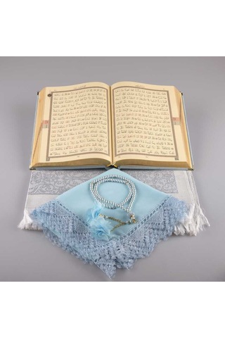 Şal + Seccade + Tesbih + Kuran Hediye Seti (Orta Boy, Kadife, Açı