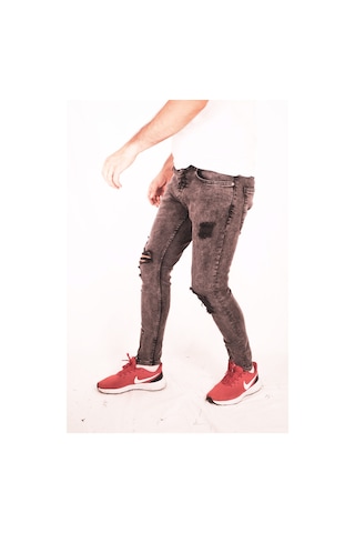 Koyu Mavi Yırtık Ve Fermuarlı Dar Paça Detaylı Slim Fit Jeans Mavi