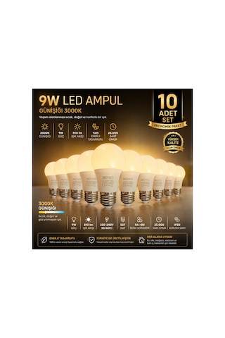 10 Adet 9w Led Ampul E27 Duy 3000k Günışığı Sarı Işık 810 Lümen Enerji Tasarruflu Uzun Ömürlü Led Lamba Seti