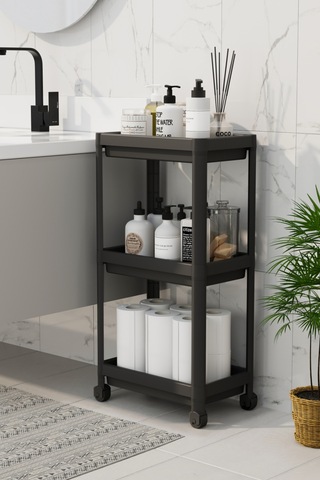 3 Katlı Banyo Raf Ünitesi Peggy Siyah Banyo Düzenleyici Şampuanlık Havluluk Dolap Siyah Renkli