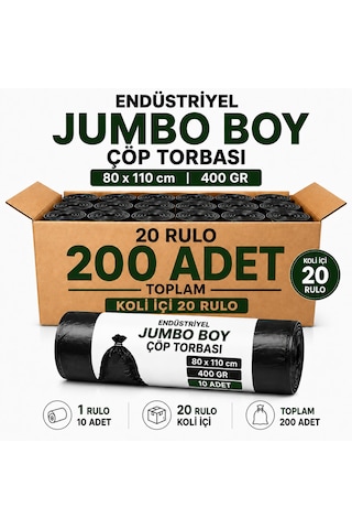 Endüstriyel Jumbo Boy Çöp Torbası 80x110 Cm 400 Gr 20 Rulo 200 Adet Ekstra Kalın Siyah Çöp Poşeti