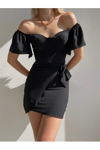 Fashion Cocktail Yaprak Kol Önden Bağlamalı Göğüs Pedli Mini Kokteyl Davet Gece Elbisesi Siyah
