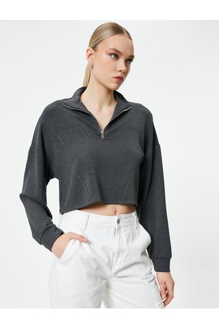 Koton Yarım Fermuarlı Sweatshirt Crop Uzun Kollu Antrasit 4sak10226ek Antrasit