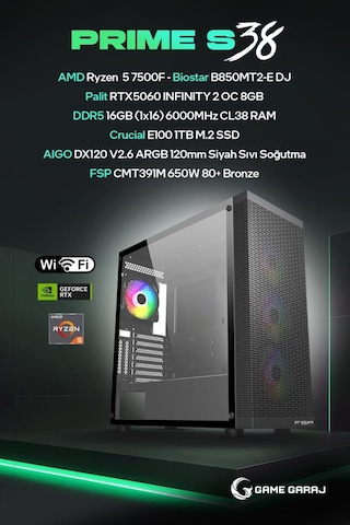 Game Garaj Prime S38 R5-7500F 16 GB 1 TB SSD RTX5060 Free Dos Oem Paket Masaüstü Oyuncu Bilgisayarı