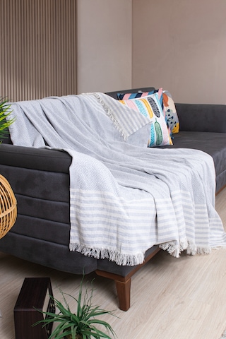 Pamuklu Püsküllü Elmas Desenli Koltuk Örtüsü 170x210 Cm Dekoratif Kanepe, Yatak Ve Tv Örtüsü Gri