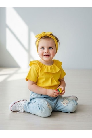 Zekids Kız Bebek Pamuklu Yakası Fırfırlı Basic T-shirt-7460 Sarı