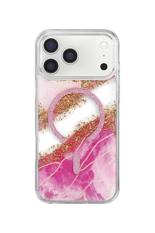 Onegif Apple Apple iPhone Uyumlu 17 Pro Max/18 Pro Max Lotus Simli Magsafe Kapak - Pembe Düz Renkli