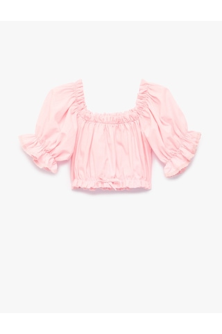 Koton Kısa Kollu Straplez Yaka Gipeli Fırfırlı Pamuklu Bluz Pembe 6skg60208aw Gül