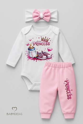 Babyden's Little Princess 3 Lü Kız Bebek Takımı Uzun Kollu Pamuklu Body,pembe Pantolon Ve Fiyonk Bandana Seti Pembe