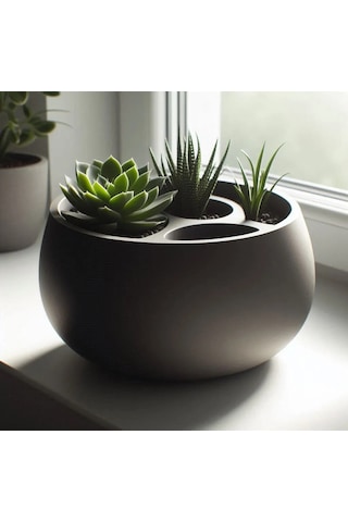 3d Baskı 3lü Sukulent Saksısı Ve Kalemlik Organizer - Dekoratif Masaüstü Bitki Saksısı-siyah