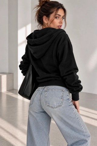 Bb Butik Basic Selanik Dokulu Fermuarlı Kapüşonlu Kadın Sweatshirt My3535 siyah