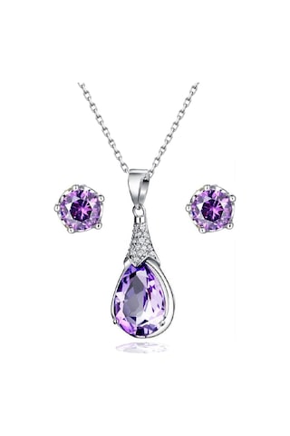 Brezza Lusso Jewelry Gümüş Su Damlası Ametist Taşı Kadın Kolye Küpe Seti Gümüş Set
