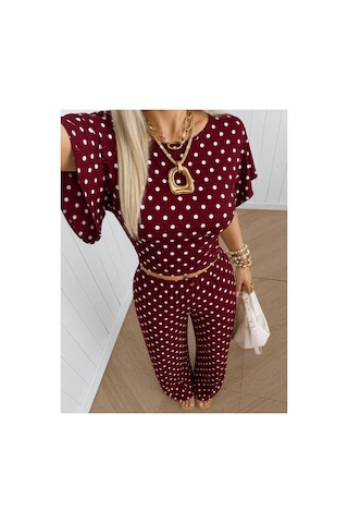 Hımmelduf Kadın Puantiyeli İkili Takım Crop Bluz Bol Paça Pantolon Bordo Puantiye