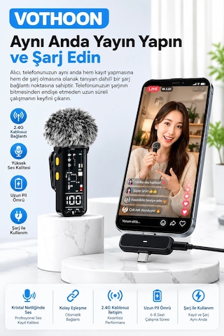 Yüksek Kalite Kablosuz Yaka Mikrofonu Type-c Lightning Uyumlu Profesyonel Anc Özellikli