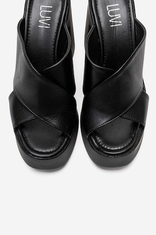 Luvishoes Essenza Siyah Hakiki Deri Çapraz Bantlı Kadın Platform Blok Topuklu Terlik Siyah