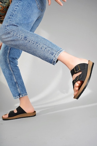 Muggo Rehda Garantili İki Toka Rahat Taban Ayarlanabilir Unisex Terlik Siyah