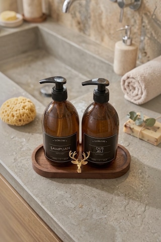 Amber Şişe Sabunluk Cam İkili Şampuan-duş Jeli Banyo Düzenleyici Klasik Gold Geyik Ahşap Standlı 500ml