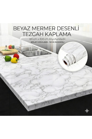 Beyaz Mermer Desenli Yapışkanlı Tezgah Folyosu 3 Mt.x 60 Cm Açık Gri - Gümüş
