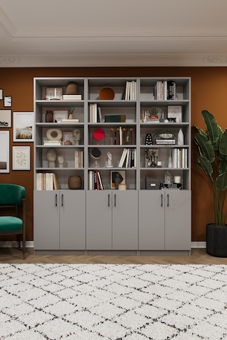 Asra Trend K-52 %100 MDF 180 cm 3 Modüllü Kapaklı Kitaplık Raflı Kütüphane Kül Gri