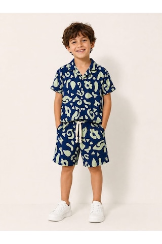 My Kids Wear Modern Desenli Çocuk Yazlık Gömlek & Şort Takımı Rahat Ve Şık Kombin 12746 Beyaz - Mavi