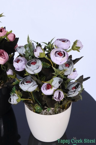 Yapay Çiçek Sitesi Plastik Saksıda Yapay Tomurcuklu Ranunkulus Tanzimi 2'li Set 30 Cm Pembe - Lila