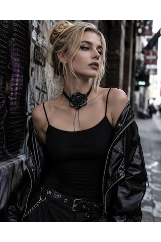 Gotik Siyah Hakiki Deri Çiçek Choker Kolye 01 - Siyah