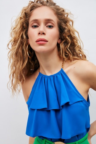Sateen Zincir Detaylı Volanlı Bluz - Sax Mavi