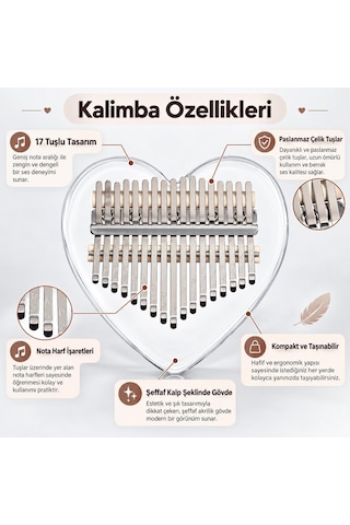 Valkyrie 17 Tuşlu Kalp Şeklinde Kalimba Şeffaf Akrilik Başparmak Piyanosu Nota Etiketli Çantalı Set