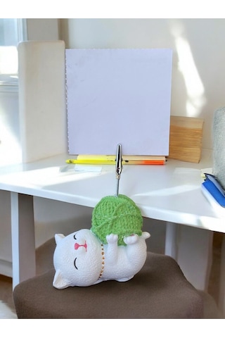 Yeşil Yumak Tutan Yatan Kawaii Kedi Temalı Not Tutacağı Fotoğraf Tutacak Tutucu Ofis Seti Hediyelik Yeşil