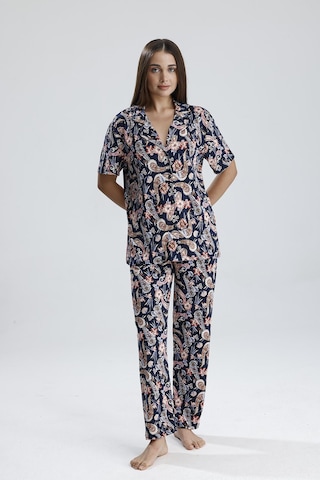 Kompedan Kadın Önden Düğmeli Şal Desen Pijama Takım Şal Dsn2