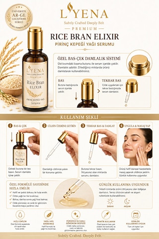 Lyena Premium Rice Bran Elixir Pirinç Kepeği Yağı Cilt Bakım Serumu 50 Ml Pürüzsüz Ve Dengeli Görünüm Destekleyici