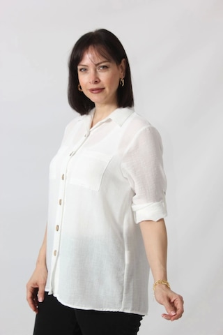 Moda Berray Bb-077 Beyaz Pamuk Keten Kolu Apoletli İki Cepli Kadın Büyük Beden Gömlek Beyaz