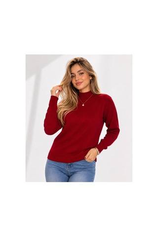 Hira Life Fashion Kadın Şık Tasarım Ve Yumuşak Dokulu Dik Yaka Triko Basic Kazak Bluz Bordo Bordo