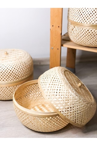 Bohem Dekoratif Kapaklı Bambu Kutu, Sepet, Iskandinav, Modern, Bohem, Rattan Bej