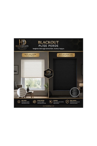 Hanedizayn %100 Blackout Karartma Plise Perde Işık Geçirmeyen Isı Yalıtımlı Perde Ekru Black001