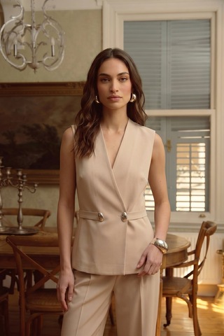 Sateen Sofia Düğme Detaylı Yelek - Bej-137607