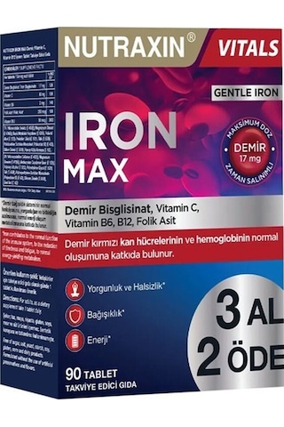 Nutraxin Iron Max 90 Tablet - 3 Al 2 Öde Nutraxin Iron Max 90 Tablet - 3 Al 2 Öde