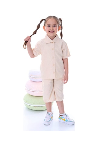 Kız Çocuk Desenli Gömlekli Takım-6366-Krem