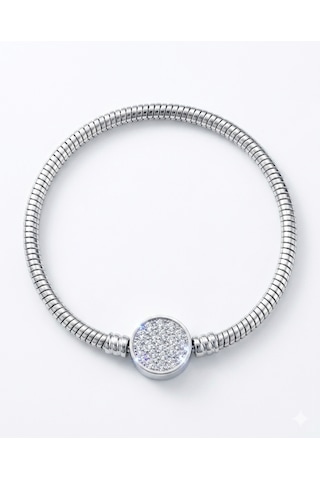 Kadın Charm İçin Uygun Yuvarlak Taşlı Model Çelik Bileklik 18 Cm Silver