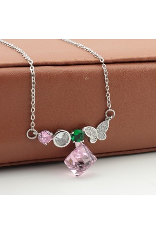 Pigado Paslanmaz Çelik Küp Kristal Taşlı Kelebek Çelik Kolye Gri