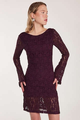 Tudors Kadın Slim Fit Dar Kesim Uzun Kollu Sırt Dekolteli Örgü Detaylı Mürdüm Elbise-34205 Mürdüm