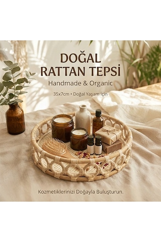 Doğal Rattan Tepsi , %100 El Yapımı Tepsi, Sunum Tepsisi , Yuvarlak Tepsi 35 X 7cm Bh24495 Rattan