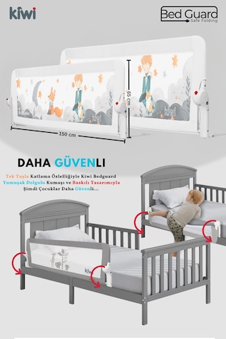 Kiwi Çocuk Yatak Koruyucu Bariyeri Ve Yatak Korkuluğu, Ekstra Dolgulu Kumaş Bed Guard Beyaz 150x65