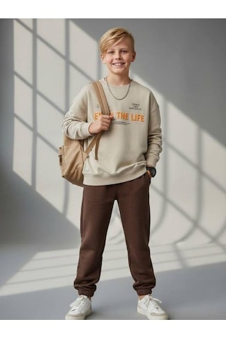 Zekids Erkek Çocuk Yumuşak Dokulu Enjoy The Life Yazılı Eşofman Takım-16615 Bej
