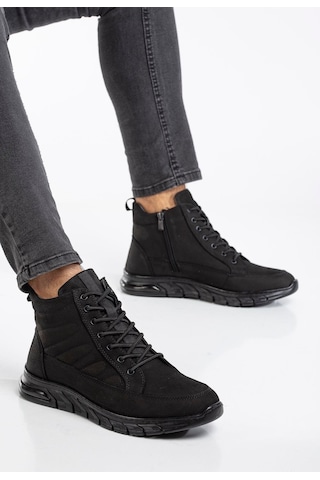 Hakiki Deri Nubuk Erkek Bot Siyah Elastik Bağcıklı Yan Baskılı-3474 Siyah